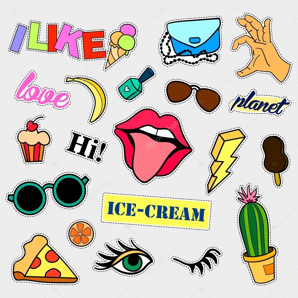 Fashion patch badges. Big set. Stickers, pins, patches and handwritten notes collection in cartoon 80s-90s comic style. Trend. Vector illustration isolated.