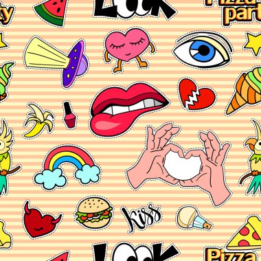 Moda yama rozetleri ile Seamless modeli. Pop art. Vektör arka plan etiketleri, iğne, 80s 90s çizgi roman tarzı çizgi yamalı. Eğilim. Dudaklar, gözler, Kalpler, güneş, dondurma, pizza.