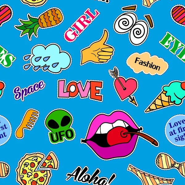 Padrão sem costura com emblemas de moda. Pop art. Vector adesivos de fundo, pinos, patches em desenhos animados estilo cômico dos anos 80-90. Tendência. Lábios, olhos, corações, sol, sorvete, pizza . — Vetor de Stock