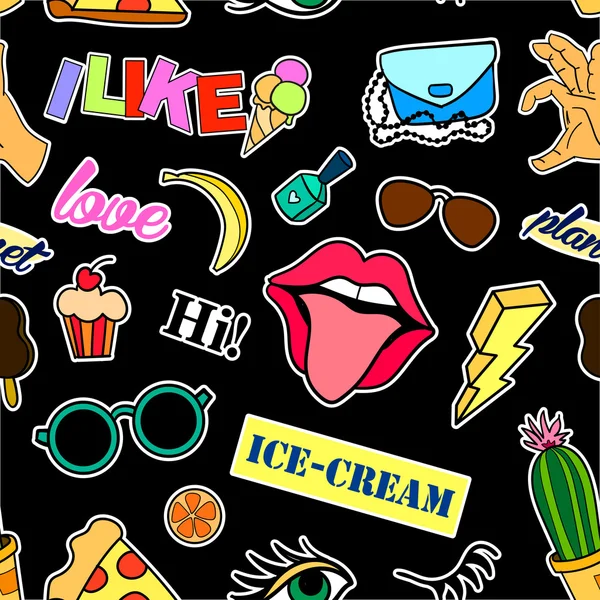 Padrão sem costura com emblemas de moda. Pop art. Vector adesivos de fundo, pinos, patches em desenhos animados estilo cômico dos anos 80-90. Tendência. Lábios, olhos, corações, sol, sorvete, pizza . — Vetor de Stock