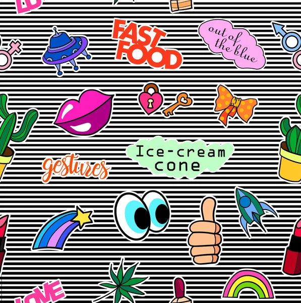 Padrão sem costura com emblemas de moda. Pop art. Vector adesivos de fundo, pinos, patches em desenhos animados estilo cômico dos anos 80-90. Tendência. Lábios, olhos, corações, sol, sorvete, pizza . — Vetor de Stock