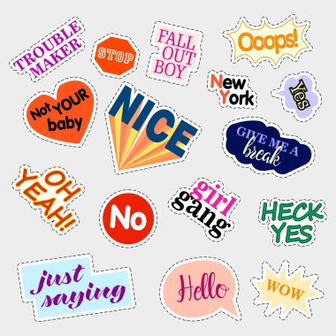 Fashion patch badges. Set with phrases. Stickers, pins, patches and handwritten notes collection in cartoon 80s-90s comic style. Trend. Vector illustration isolated. clipart
