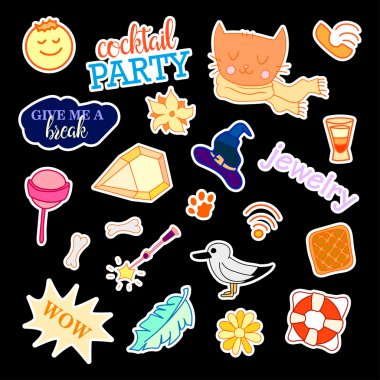 Fashion patch badges with different elements. Set of stickers, pins, patches and handwritten notes collection in cartoon 80s-90s comic style. Trend. Vector illustration isolated. clipart