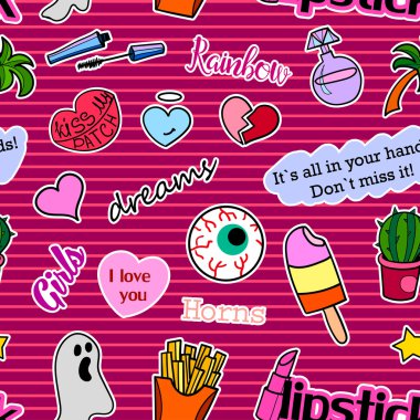 Seamless pattern with Fashion patches. stickers, pins and handwritten notes collection in cartoon 80s-90s comic style. Trend. Vector illustration. clipart