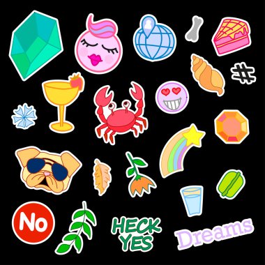 Moda yama rozetleri farklı unsurları ile. Çıkartmalar, iğne, yamalar ve karikatür 80s 90s çizgi roman tarzı koleksiyonunda el yazısıyla aldığınız notları ayarlayın. Eğilim. Vektör illüstrasyon izole.