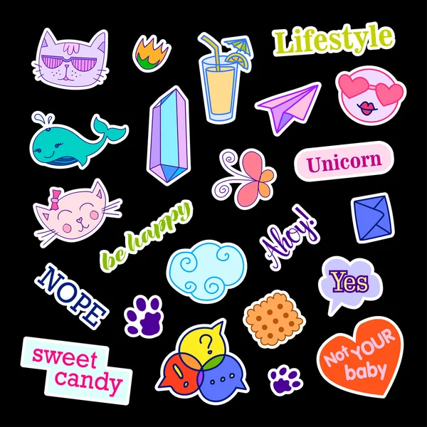 Mode patch badges met verschillende elementen. Set stickers, pins, patches en handgeschreven notities collectie in cartoon 80s 90s komische stijl. Trend. Vectorillustratie geïsoleerd. — Stockvector