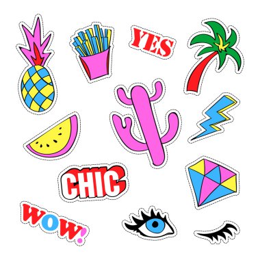 Pop art moda yama rozetleri ve farklı öğeleri ile ayarla. Çıkartmalar, iğne, yamalar, ilginç, el yazısı notlar koleksiyonu. 80s 90s tarzı. Eğilim. Vektör illüstrasyon izole.