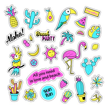 Pop art set with fashion patch badges and different tropical elements. Stickers, pins, patches, quirky, handwritten notes collection. 80s-90s style. Trend. Vector illustration isolated. clipart