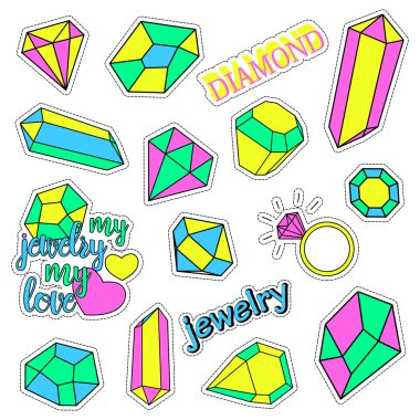 Pop art set with fashion patch badges and different diamonds, jewelry. Stickers, pins, patches, quirky, handwritten notes collection. 80s-90s style. Trend. Vector illustration isolated. clipart
