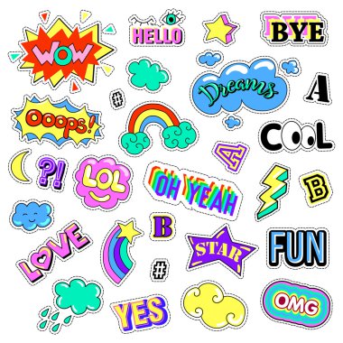 Pop art moda yama rozetleri ile ayarla. Çıkartmalar, iğne, yamalar, ilginç, el yazısı notlar koleksiyonu. 80s 90s tarzı. Eğilim. Vektör illüstrasyon izole.