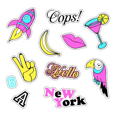Pop art set with fashion patch badges and different elements. Stickers, pins, patches, quirky, handwritten notes collection. 80s-90s style. Trend. Vector illustration isolated. clipart