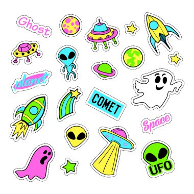 Pop art moda yama rozetleri ve farklı ufo öğeler ile ayarla. Çıkartmalar, iğne, yamalar, ilginç, el yazısı notlar koleksiyonu. 80s 90s tarzı. Eğilim. Vektör illüstrasyon izole.