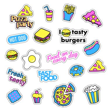 Pop art set with fashion patch badges and different fast food elements. Stickers, pins, patches, quirky, handwritten notes collection. 80s-90s style. Trend. Vector illustration isolated. clipart