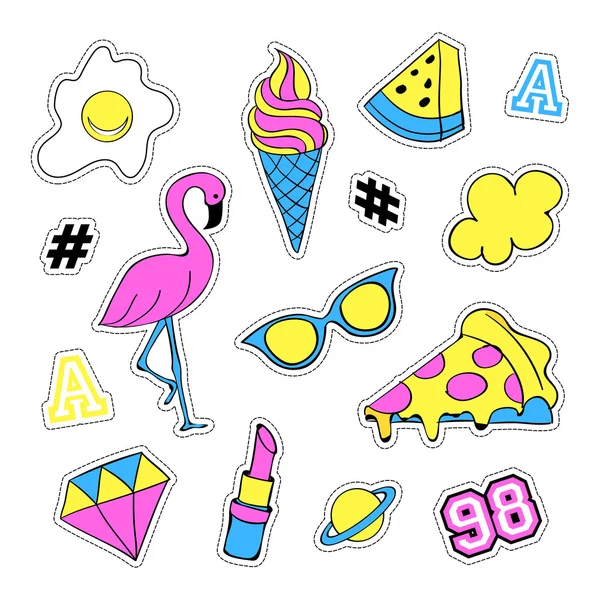 Set de arte pop con insignias de parche de moda y diferentes elementos. Pegatinas, alfileres, parches, peculiar, colección de notas manuscritas. Estilo 80-90. Tendencia. Ilustración vectorial aislada . — Vector de stock