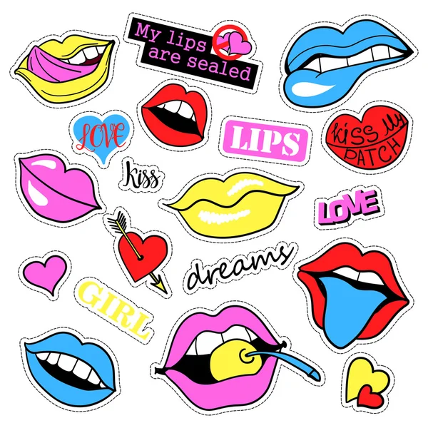 Set de arte pop con insignias de parche de moda y diferentes labios. Pegatinas, alfileres, parches, peculiar, colección de notas manuscritas. Estilo 80-90. Tendencia. Ilustración vectorial aislada . — Vector de stock