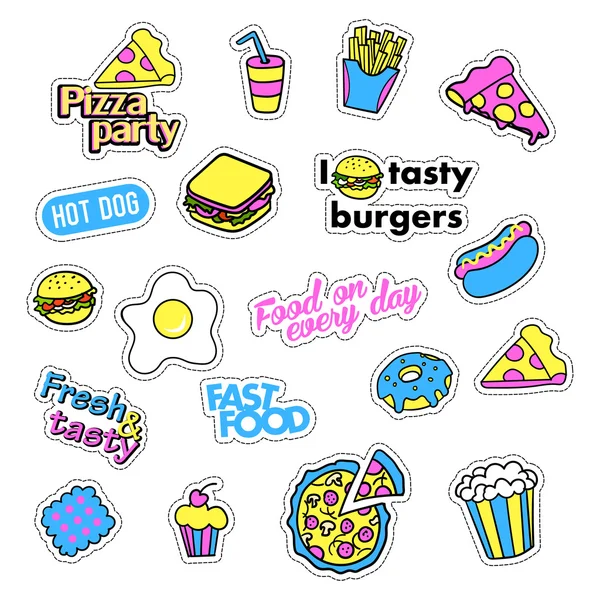 Pop art set with fashion patch badges and different fast food elements. Stickers, pins, patches, quirky, handwritten notes collection. 80s-90s style. Trend. Vector illustration isolated. — Stock Vector