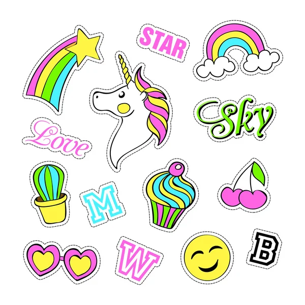 Pop art set with fashion patch badges and different elements. Stickers, pins, patches, quirky, handwritten notes collection. 80s-90s style. Trend. Vector illustration isolated. — Stock Vector