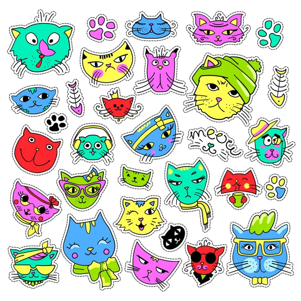 Pop art moda yama rozetleri ile ayarla. Cats ve yavru kedi çıkartmalar, iğne, yamalar, ilginç, el yazısı notlar koleksiyonu. 80s 90s tarzı. Eğilim. Vektör illüstrasyon izole.