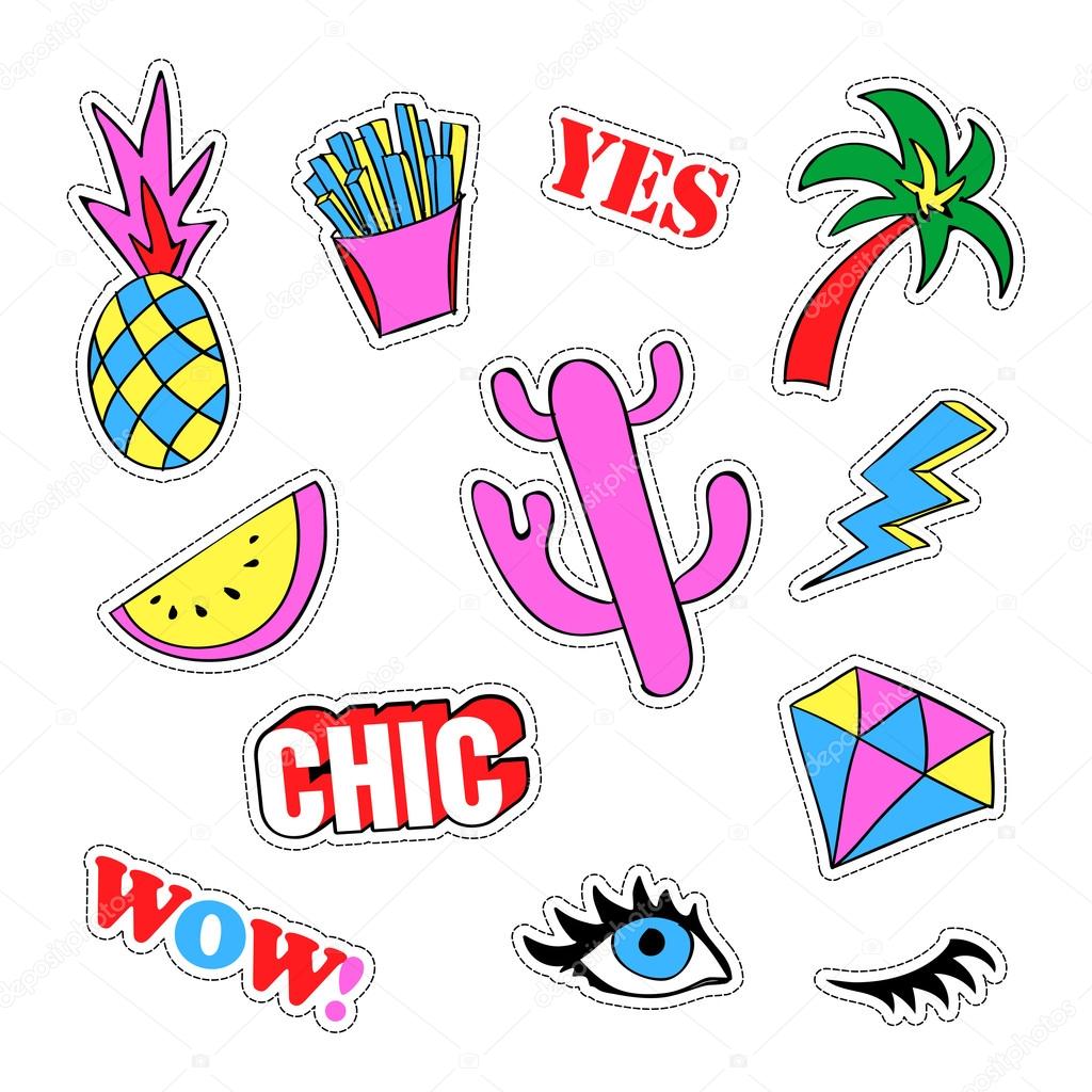 Pop art set with fashion patch badges and different elements. Stickers, pins, patches, quirky, handwritten notes collection. 80s-90s style. Trend. Vector illustration isolated.