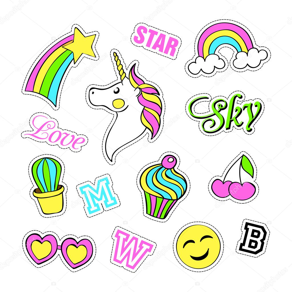 Pop art set with fashion patch badges and different elements. Stickers, pins, patches, quirky, handwritten notes collection. 80s-90s style. Trend. Vector illustration isolated.