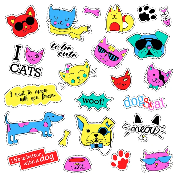 Pop art moda yama rozetleri ile ayarla. Kedi ve köpek etiketleri, iğne, yamalar, ilginç, el yazısı notlar koleksiyonu. 80s 90s tarzı. Eğilim. Vektör illüstrasyon izole.