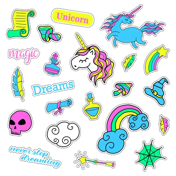 Pop art moda yama rozetleri ile ayarla. Sihirli koleksiyonu. Çıkartmalar, iğne, yamalar, ilginç, el yazısı notlar. 80s 90s tarzı. Eğilim. Vektör illüstrasyon izole.