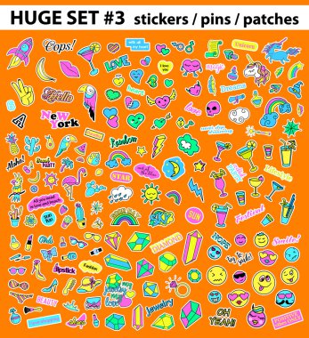 Huge pop art set with fashion patch, badges, stickers, pins, patches, quirky, handwritten notes collection. 80s-90s style. Trend. Vector illustration isolated. clipart