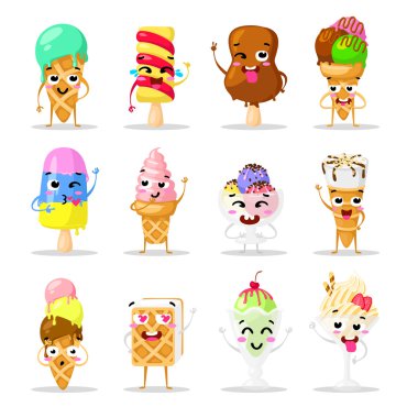Koleksiyon tatlılar duygu güzel dondurma, doodle simgeler. Güzel tatlı. Komik kremler kümesi. Düz tasarım.