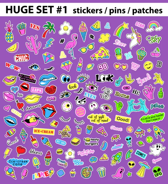 Enorme popart set met mode patch, badges, stickers, pins, patches, eigenzinnige, handgeschreven notities collectie. stijl van de jaren 80-90s. Trend. Vectorillustratie geïsoleerd. — Stockvector