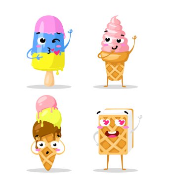 Koleksiyon tatlılar duygu güzel dondurma, doodle simgeler. Güzel tatlı. Komik kremler kümesi. Düz tasarım.