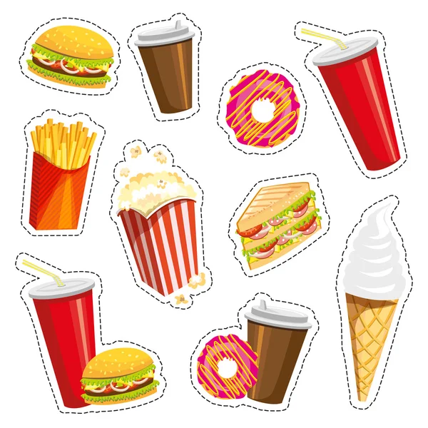 Conjunto de coloridos iconos de comida rápida de dibujos animados sobre fondo blanco. Ilustración vectorial aislada. Parche de moda, insignias, pegatinas, alfileres, parches, peculiar. Estilo de los años 80-90 . — Archivo Imágenes Vectoriales
