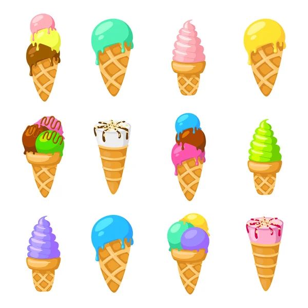 Raccolta di 12 illustrazioni vettoriali di gelato isolate su fondo bianco. Stile cartone animato divertente. , illustrazione . — Vettoriale Stock