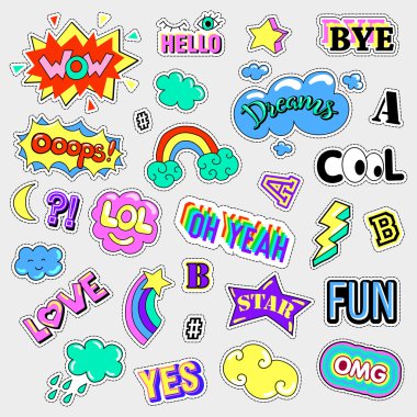 Pop art moda yama rozetleri ile ayarla. Çıkartmalar, iğne, yamalar, ilginç, el yazısı notlar koleksiyonu. 80s 90s tarzı. Eğilim. Vektör illüstrasyon izole.