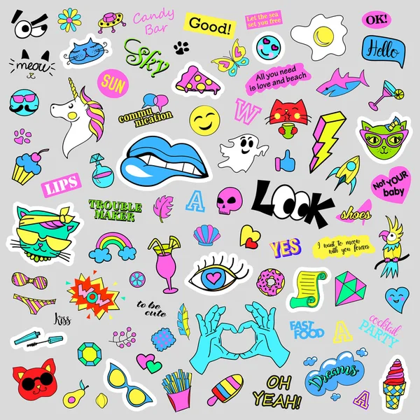 Módní bizarní kreslených doodle patch odznaky s roztomilý prvky. Izolované vektor. Sada nálepek, kolíky, patche v komické stylu 80s 90s. Srdce, bubliny, láska, rty, oči, hvězdy. — Stockový vektor