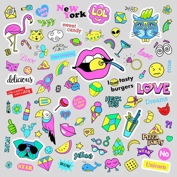 Moda ilginç çizgi film doodle yama rozetleri şirin elemanları ile. İzole vektör. Küme etiketleri, iğne, çizgi roman tarzında 80s 90s yamalı. Kalpler, konuşma balonları, aşk, dudaklar, gözler, yıldız.