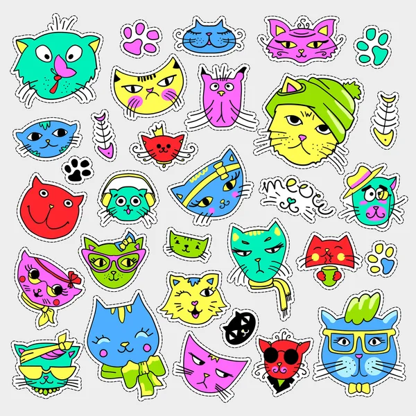 Pop art set med mode patch emblem. Katter och kattungar Stickers, pins, patchar, egendomliga, handskrivna noter samling. 80-talet 90-talet stil. Trenden. Vektorillustration isolerade. — Stock vektor