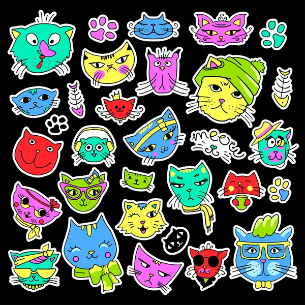 Pop art set med mode patch emblem. Katter och kattungar Stickers, pins, patchar, egendomliga, handskrivna noter samling. 80-talet 90-talet stil. Trenden. Vektorillustration isolerade. — Stock vektor