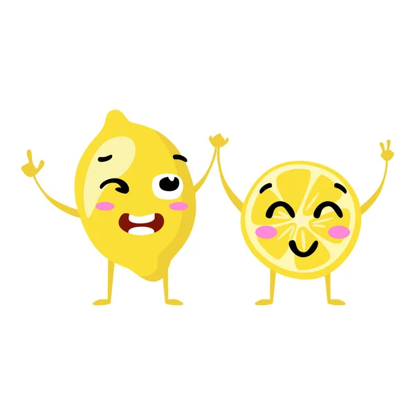 Lemon. Linda pareja de personajes de vectores de frutas aislados sobre fondo blanco. Caras emoticonos divertidos. Ilustración . — Vector de stock