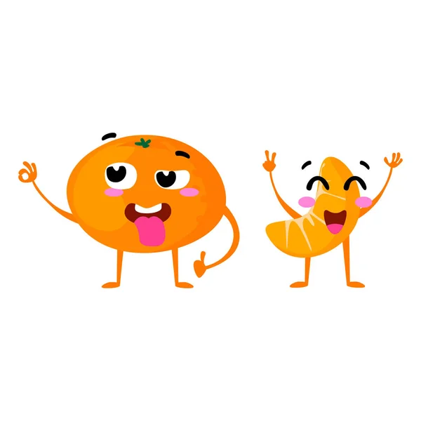 Mandarín. Linda pareja de personajes de vectores de frutas aislados sobre fondo blanco. Caras emoticonos divertidos. Ilustración . — Vector de stock