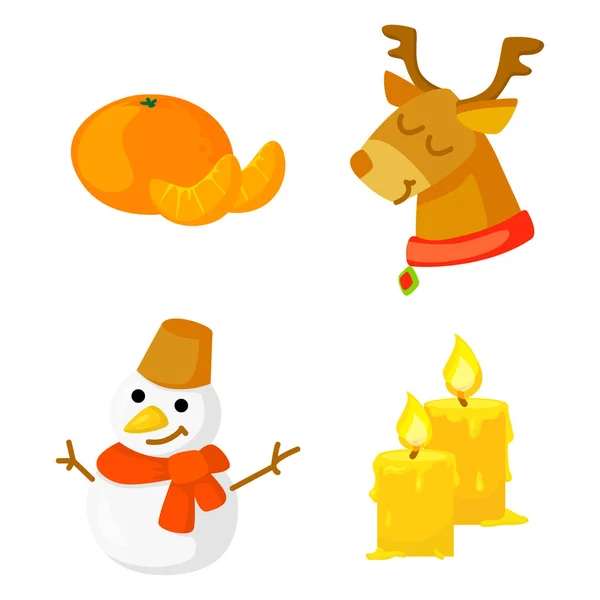 Set de iconos navideños Vector de colección. dibujos animados. Un nuevo año los símbolos tradicionales. e iconos objetos. Muñeco de nieve, ciervos, velas mandarina — Vector de stock