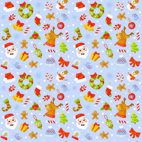 Patrón sin costuras con lindos mitones de Navidad de dibujos animados, bastón de caramelo, bayas de acebo, muñeco de nieve sonriente y árbol de Navidad media roja Nuevos símbolos tradicionales año. iconos objetos . Ilustración De Stock