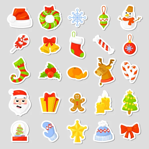 Stickers de Noël Set Collection Vector. dessin animé. Nouvel an symboles traditionnels. icônes objets. Isolé — Image vectorielle