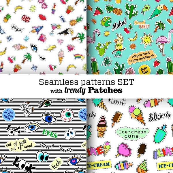 Seamless patterns set with fashion patch badges. Pop art. Stickers, pins, patches in cartoon 80s-90s comic style. Trendy. — Stock Vector