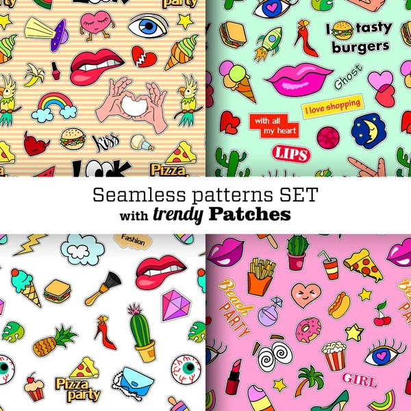 Seamless mönster set med mode patch emblem. Pop art. Dekaler, pins, lappen i tecknade 80-talet 90-talet komisk stil. Trendiga. — Stock vektor
