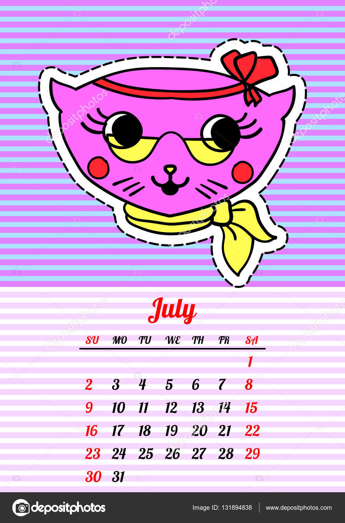 Calendrier 2017 Avec Des Chats Juillet En Dessin Animé