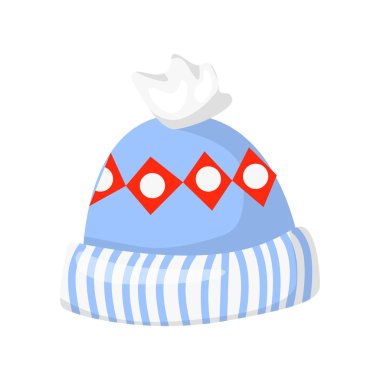 Vektör üzerinde beyaz izole örme kış şapka. Karikatür tarzı. Şirin komik Noel simgesi. illüstrasyon.