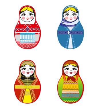 İç içe geçmiş bebek ayarlayın. Matryoshka Geleneksel Rus süslemeli farklı. İzole vektör çizim.