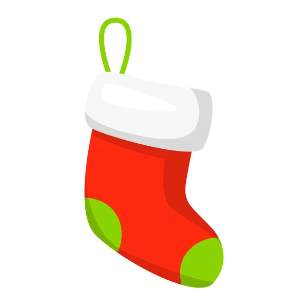 Vettore di calza natalizia rossa isolato su bianco. Stile cartone animato. Simpatica icona divertente. illustrazione . — Vettoriale Stock