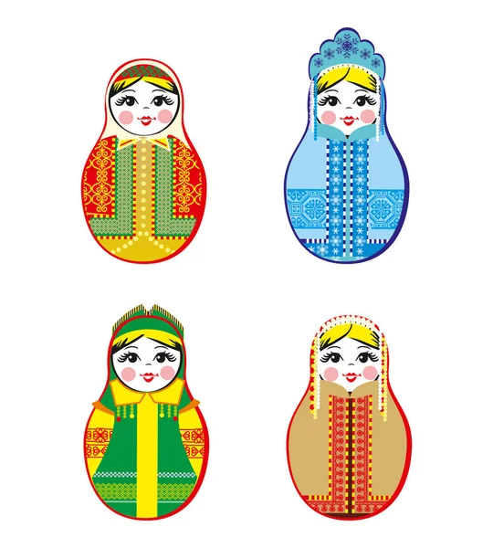 Bonecas aninhadas. Matrioska com diferentes ornamentos tradicionais russos. Ilustração vetorial isolada . — Vetor de Stock