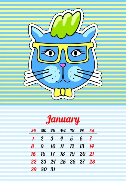 Kalender 2017 met katten. Januari. Cartoon in de jaren 80-90s komische stijl mode patches, pinnen en stickers. Popart vectorillustratie. Trendy kleuren — Stockvector